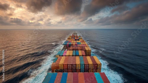 Shipping Across the Horizon: A container ship cuts through the vast ocean, its cargo promising global connections and commerce under a dramatic sky. 