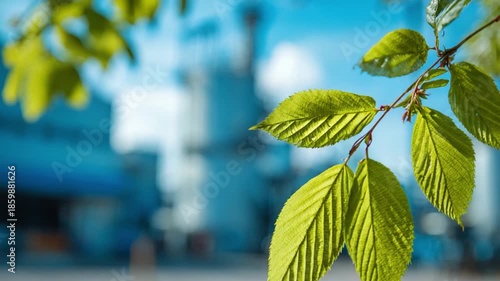 Green Leaves with Blur Factory in background: A close-up captures fresh green leaves in focus against a blurred backdrop of an industrial plant, evoking feelings of growth and contrast.