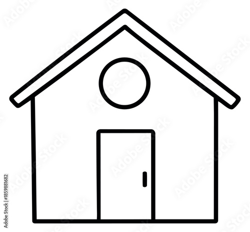 Hand drawn line art illustration of a house depicting a simple home with a door and round window for homeownership and property concepts