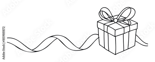 Simple handdrawn black outline of a gift box with a large bow and flowing ribbon, perfect for holiday greetings, celebration announcements, or special event invitations.