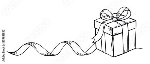 A hand drawn black outline of a neatly wrapped present box with a large decorative bow on top and a wavy ribbon extending left, perfect for holiday greeting designs or celebration event