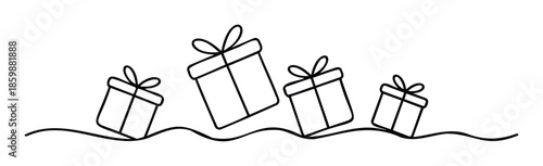 Hand drawn outline gift boxes with bows moving on a wavy line representing celebratory occasions and holiday shopping for seasonal marketing materials and event invitations