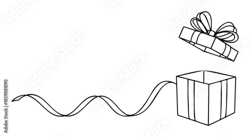 An open gift box with its lid floating above and a long wavy ribbon coming out creates a delightful visual perfect for holiday promotions, special occasion announcements, or celebratory
