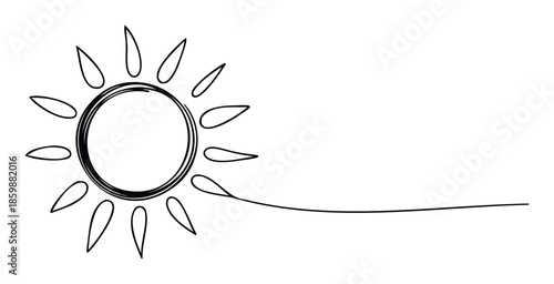 Simple black and white continuous line drawing of a sun with radiating rays, perfect for creating clean logos, minimalist icons, educational materials, or modern graphic design projects.