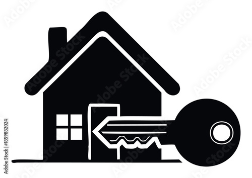 Simple black and white icon depicting a house with a key in the door, representing themes of home ownership, real estate, security, and property access for financial and housing market