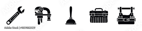 Collection of plumbing and repair tools featuring a wrench, pipe wrench, plunger, equipment toolbox, and a tool belt, ideal for showcasing handyman services and home maintenance projects.