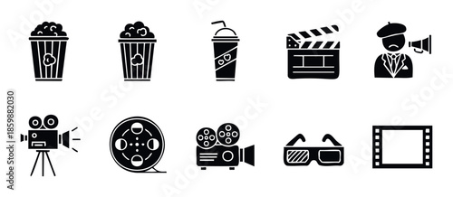Collection of cinema and movie related black glyph icons including popcorn, drinks, clapperboard, film camera, projector, and 3D glasses for entertainment applications