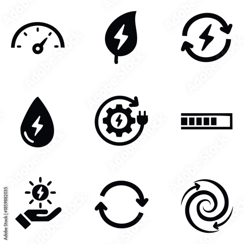 Energy sustainability and renewable power technology icons depicting green innovation, electric charging, and resource management for environmental conservation projects.