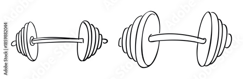 Hand drawn outline of two exercise dumbbells in different sizes, symbolizing strength training and fitness, ideal for gym and health related materials.