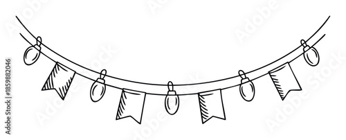 Simple doodle style garland featuring hanging light bulbs and celebratory pennant flags creating a festive atmosphere perfect for birthday party invitations, holiday decorations, or event