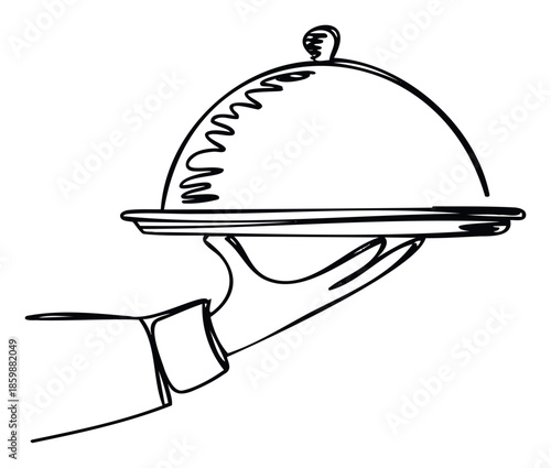 A waiters hand holds a traditional covered serving platter, a classic symbol of fine dining and professional catering service, ideal for restaurant branding or hospitality event promotions.