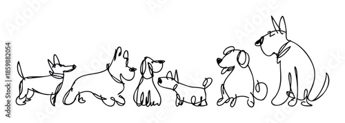 An endearing and stylized linear depiction of happy canines in a row, suitable for pet product packaging, veterinary office decor, or dog walking service marketing materials.