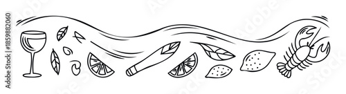 Elegant monochrome line drawing showcasing various fresh culinary ingredients and a wine glass, ideal for restaurant menus, food packaging, or gourmet event invitations