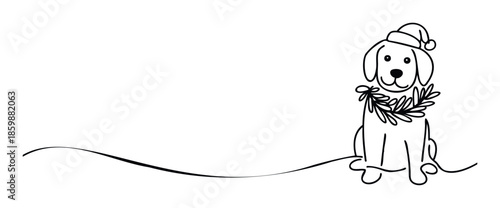 Minimalist line rendering of a dog wearing a Santa hat and a Christmas wreath, sitting on a ground line, useful for winter holiday marketing, seasonal greetings, and pet themed promotions.