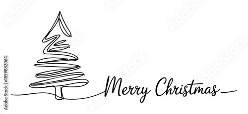Minimalist one line drawing of a festive evergreen Christmas tree with elegant handwritten Merry Christmas script, perfect for holiday greetings, seasonal decor, or party invitations.