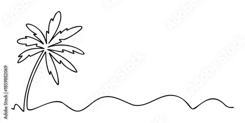 Minimalist black line drawing of a tropical palm tree standing on a wavy ground representing sand or an ocean shore, ideal for summer vacation promotions and travel themed graphics.