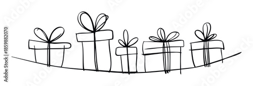 Hand drawn sketch style line of gift boxes with bows perfect for adding a celebratory border to various holiday or birthday themed promotions and greetings