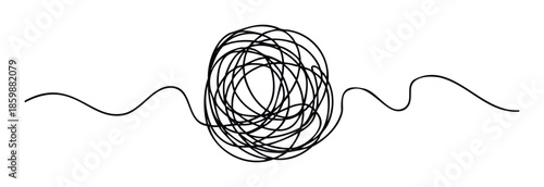 A winding black line transitions from a chaotic tangle to smooth curves, symbolizing dilemma, confusion, and resolution for psychology related articles and educational resources.