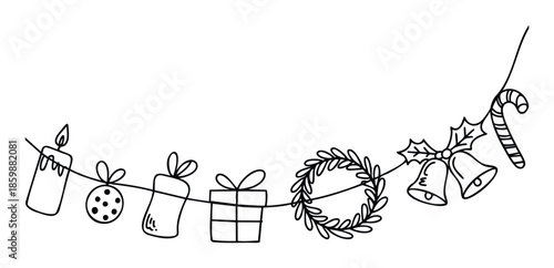 Black outline drawing of Christmas holiday decorations with a candle, ornament, presents, wreath, bells, and candy cane strung together, ideal for winter season promotions and festive