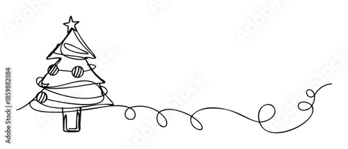 Minimalist continuous line drawing of a Christmas tree adorned with a star and flowing garland, perfect for holiday greetings, seasonal event invitations, or festive winter celebration