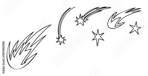 Dynamic black outlined stars and shooting star trails suitable for various graphic projects, celestial themed advertisements, or magical event promotions