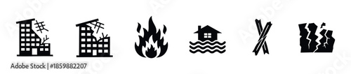 A comprehensive collection of black silhouette icons representing various natural disasters and structural damage events for insurance claims and emergency preparedness applications