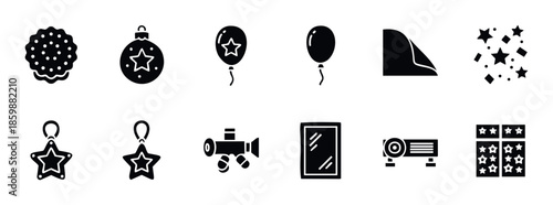 Black glyph icons for various projects, featuring symbols of celebration, media, and everyday objects, ideal for applications and user interfaces.