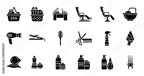 Comprehensive set of spa, hair salon, and personal care glyph icons illustrating beauty treatments, styling tools, and cosmetic products for wellness and cosmetology applications.