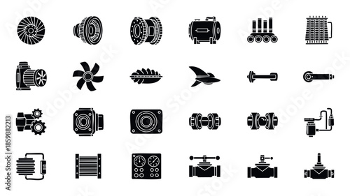 Comprehensive collection of industrial equipment and machinery parts solid black icons, perfect for engineering diagrams, manufacturing process visuals, and technical application interfaces.