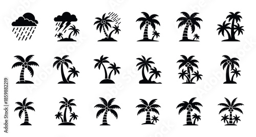 Comprehensive collection of stylized black silhouette palm tree and tropical weather icons perfect for applications, web graphics, travel websites, summer holiday promotions, and beach