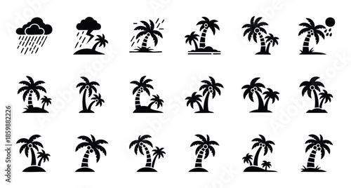 Tropical island weather and lush palm tree icon collection ideal for vacation planning applications, travel website graphics, or exotic holiday advertisements