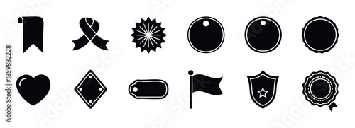 A collection of versatile black silhouette vector icons featuring various badges, labels, tags, and emblems, perfect for user interface, marking, branding, and notification purposes.