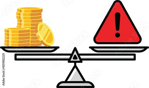 A balanced scale weighing stacks of gold coins against a red triangular warning sign symbolizing financial risk and reward.