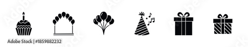 Collection of celebration icons including birthday cupcake, party balloons, and gift boxes, perfect graphic resources for festive holiday event branding and digital marketing materials