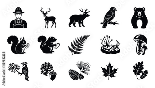 Essential nature and forest life silhouettes including deer, bear, squirrels, hawk, a ranger, various trees, leaves, mushrooms, and plants, ideal for educational resources and outdoor