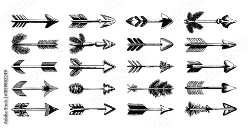 Variety of hand sketched arrows displaying unique fletching, detailed shafts, and distinct arrowheads suitable for diverse graphic applications, signage, and decorative elements.