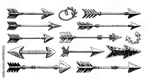 Collection of hand drawn arrow symbols and decorative pointers in various styles with a rustic sketch aesthetic, ideal for graphic design projects, navigation guides, and creative branding.