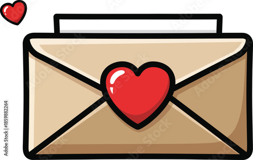 A charming cartoon love letter in a beige envelope sealed with a glossy red heart.