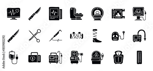 Medical equipment and healthcare procedure icons set featuring diagnostic tools, surgical instruments, and treatment devices useful for hospital presentations, clinic infographics, and