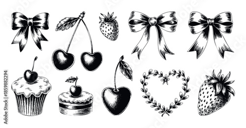 Hand drawn monochrome bows, sweet cherries, fresh strawberries, delicious cupcakes, a small cake, and a heart wreath suitable for bakery menus or romantic event invitations