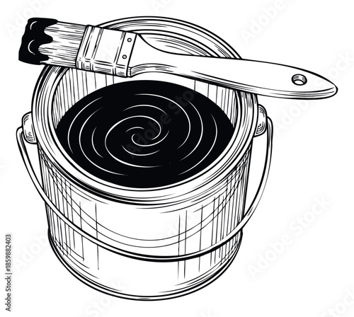 Black paint can with a paint brush resting on top, signifying readiness for home decoration projects, building repairs, and various creative activities or professional tasks