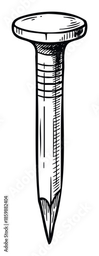 This classic hand drawn black and white nail is an essential visual for construction projects, DIY themes, carpentry websites, or hardware store advertisements requiring a strong image of