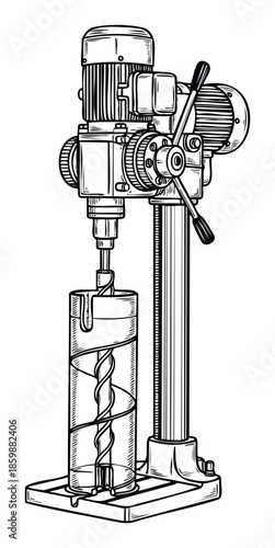 Industrial drill press machine operating with an auger bit in a transparent cylinder, suitable for manufacturing process diagrams and mechanical engineering documentation