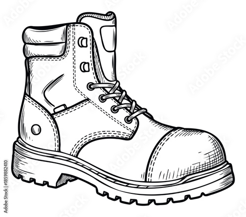 Sketch of a sturdy safety work boot, suitable for construction industry advertisements, industrial safety presentations, or footwear product catalogs.