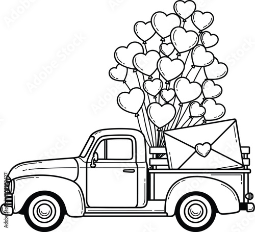 A classic pickup truck line drawing filled with a large love letter and a big bunch of heartshaped balloons.