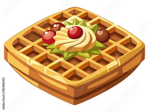 luxury realistic flat illustration of Belgian waffle, crisp grid texture with soft highlights, powdered sugar and fruit accents, elegant flat shading preserving realism, premium dessert artwork