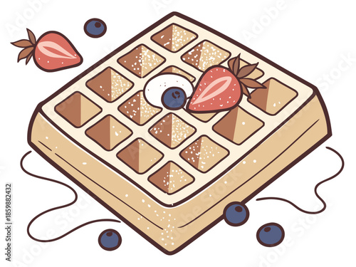 luxury realistic flat illustration of Belgian waffle, crisp grid texture with soft highlights, powdered sugar and fruit accents, elegant flat shading preserving realism, premium dessert artwork