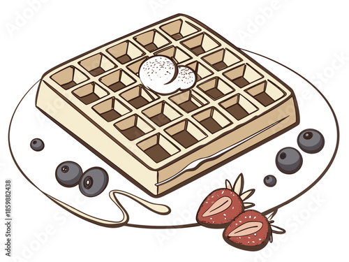 luxury realistic flat illustration of Belgian waffle, crisp grid texture with soft highlights, powdered sugar and fruit accents, elegant flat shading preserving realism, premium dessert artwork