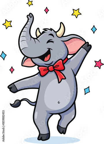 A cheerful gray cartoon elephant with tusks and a red bow tie dancing joyfully among colorful stars.