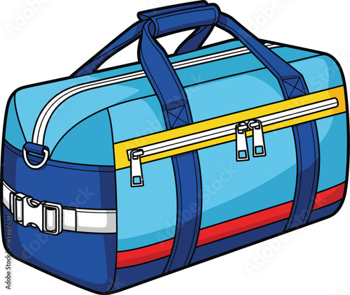 A colorful cartoon duffel bag in light and dark blue with yellow red and white accents featuring multiple zippers and straps.